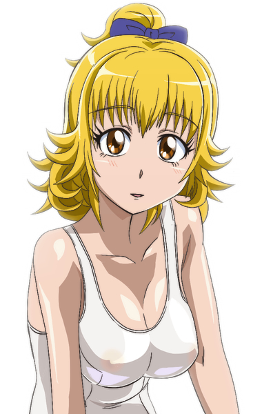 blonde_hair bow breasts brown_eyes cleavage eyelashes hair_bow half_updo higashiyama_seika large_breasts looking_at_viewer manji_(tenketsu) one-piece_swimsuit precure see-through simple_background solo suite_precure swimsuit upper_body