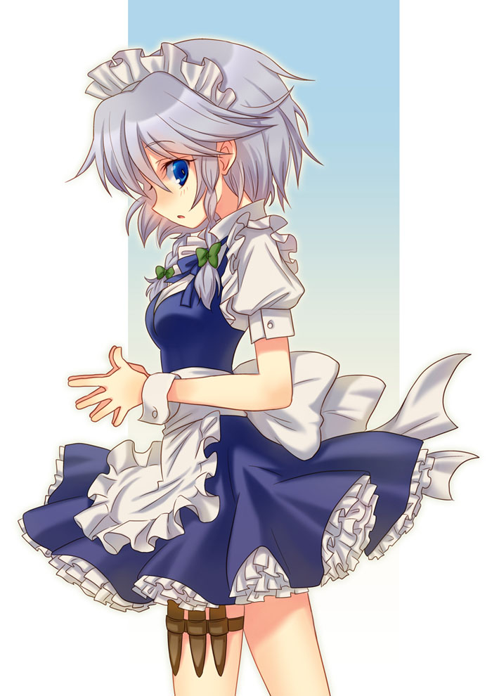 blue_eyes blush bow braid girotin_ginza hair_bow hands_together holster izayoi_sakuya maid maid_headdress open_mouth own_hands_together short_hair silver_hair solo thigh_holster thigh_strap touhou twin_braids
