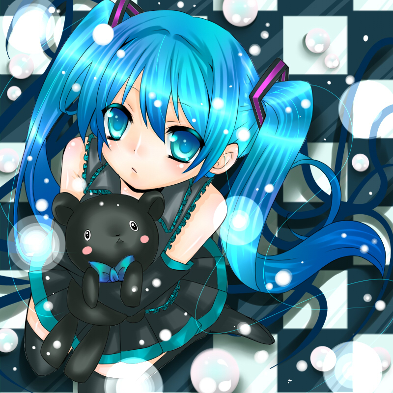 blue_eyes blue_hair blush checkered checkered_background colorized detached_sleeves from_above hatsune_miku long_hair necktie skirt snowing solo stuffed_animal stuffed_toy teddy_bear thighhighs twintails vocaloid yuumi_kaname zettai_ryouiki
