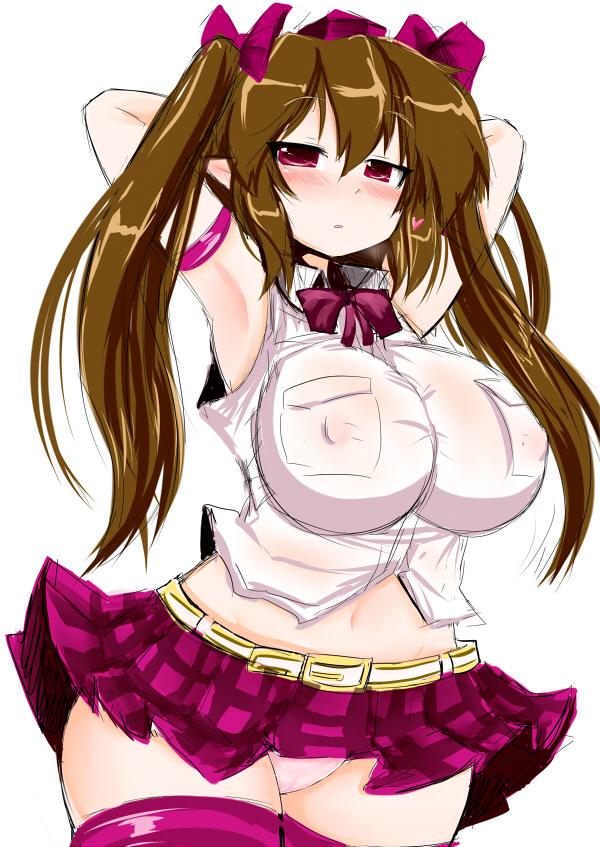 armpits arms_behind_head arms_up belt blush bow bowtie breasts breath brown_hair covered_nipples dress_shirt hat heart himekaidou_hatate hips impossible_clothes impossible_shirt large_breasts long_hair looking_at_viewer microskirt midriff miniskirt navel okiraku_nikku panties pleated_skirt plump red_eyes see-through shirt simple_background skirt sleeveless sleeveless_shirt solo standing thighhighs thighs tokin_hat touhou twintails underwear very_long_hair white_background white_panties wide_hips