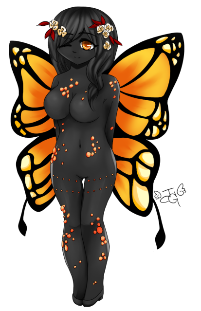 black black_hair breasts butterfly female hair insect markings naturally_censored navel nude orange_eyes solo unknown_artist wings
