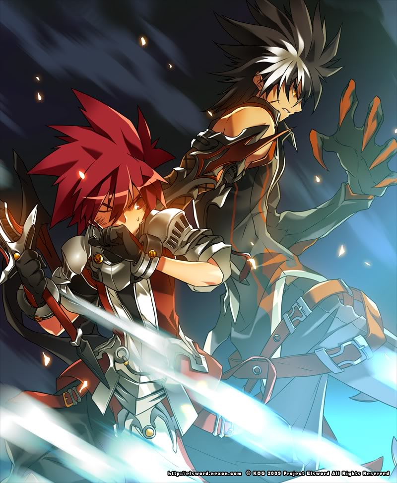 2boys armor belt black_gloves black_hair blue_background brown_eyes claws coat covered_mouth elsword elsword_(character) gloves lord_knight_(elsword) male_focus mechanical_arm multicolored_hair multiple_boys official_art one_eye_closed pants pauldrons raven_(elsword) reckless_fist_(elsword) red_hair ress spiked_hair streaked_hair sweat two-tone_hair white_hair