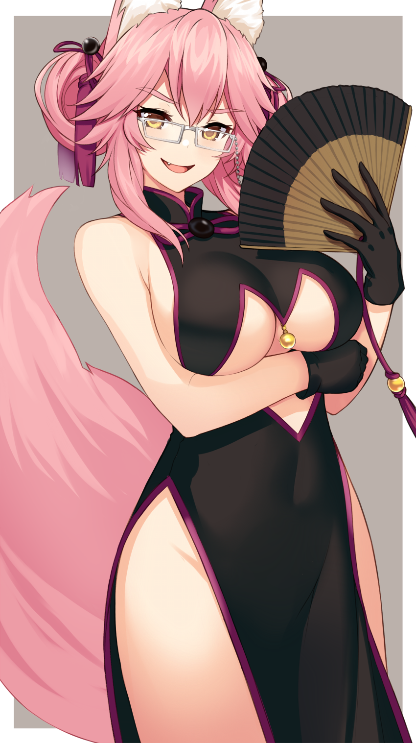 1girl animal_ear_fluff animal_ears bangs bare_shoulders bell black_dress black_gloves blush breasts center_opening china_dress chinese_clothes closed_mouth commentary_request dress eyebrows_visible_through_hair fan fang fate/grand_order fate_(series) folding_fan fox_ears fox_tail glasses gloves hair_between_eyes highres hips jingle_bell koyanskaya large_breasts long_hair looking_at_viewer navel pink_hair sidelocks smile solo sukebewe tail thighs yellow_eyes