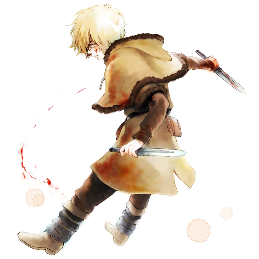 arm_at_side belt_pouch blonde_hair blood blood_on_face blood_splatter bloody_hands bloody_weapon boots brown_pants capelet closed_mouth dagger dual_wielding from_behind frown full_body fur_trim holding long_sleeves looking_at_viewer male_focus natsuo_(hatohaco) outstretched_arm pants pouch profile reverse_grip shaded_face short_over_long_sleeves short_sleeves sideways_glance solo thorfinn tunic vinland_saga weapon white_background