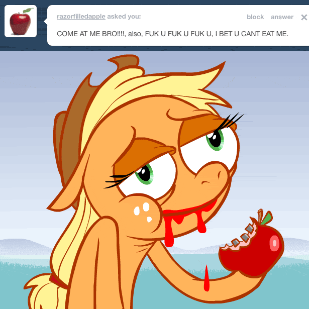 animal_ears apple applejack_(mlp) ask_jappleack blonde_hair blood death eating english_text equine female friendship_is_magic fruit green_eyes hair hat horse hotdiggedydemon mammal my_little_pony pony solo text tumblr
