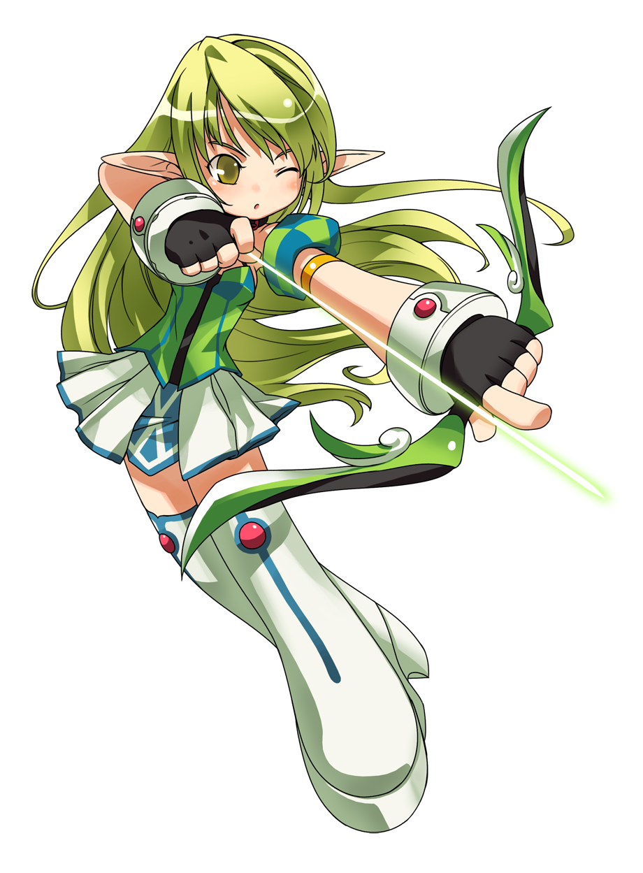 armlet blush boots bow_(weapon) elsword full_body green_eyes green_hair highres long_hair official_art one_eye_closed pointy_ears ranger_(elsword) rena_(elsword) ress skirt solo thigh_boots thighhighs transparent_background weapon white_legwear white_skirt zettai_ryouiki