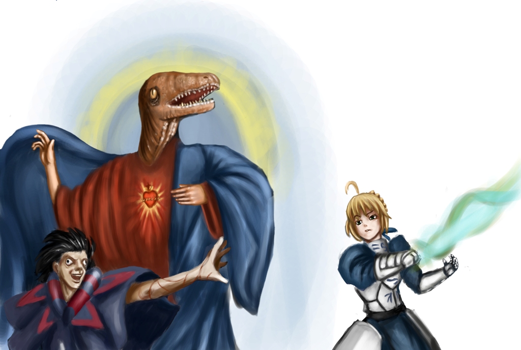 2boys 4chan ahoge armor armored_dress artoria_pendragon_(all) black_hair caster_(fate/zero) crossover dinosaur drawfag dress excalibur fate/zero fate_(series) heart meme multiple_boys open_hand open_mouth outstretched_arm raptor_jesus robe saber sharp_teeth short_hair simple_background teeth what yellow_eyes
