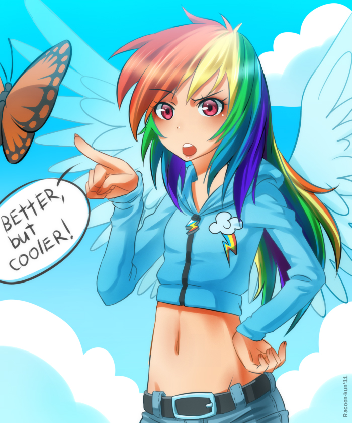 belt bug butterfly cloud crop_top cropped_jacket day denim hand_on_hip insect jeans midriff multicolored_hair my_little_pony my_little_pony_friendship_is_magic navel pants personification pointing racoon-kun rainbow rainbow_dash ranguage red_eyes speech_bubble wings