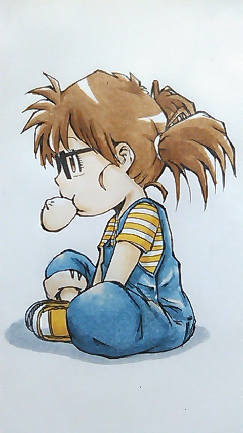 baozi brown_eyes brown_hair butterfly_sitting dr._slump food glasses marker_(medium) mouth_hold norimaki_arale overalls scan shirt shoes short_twintails sneakers striped t-shirt traditional_media twintails