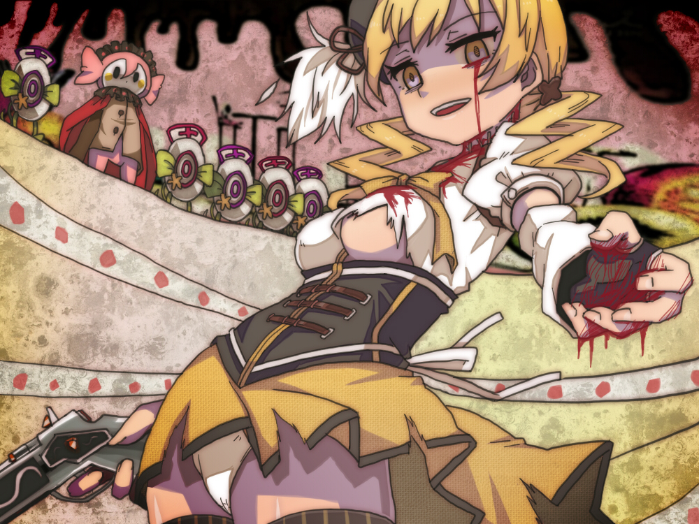 arched_back bad_id bad_pixiv_id beret blonde_hair blood bloody_tears breasts charlotte_(madoka_magica) corset creature drill_hair empty_eyes gun hat long_hair magical_girl magical_musket mahou_shoujo_madoka_magica medium_breasts nt00 panties pantyshot pantyshot_(standing) puffy_sleeves pyotr_(madoka_magica) rifle smile standing stitches tomoe_mami torn_clothes twin_drills twintails underboob underwear weapon white_panties witch's_labyrinth