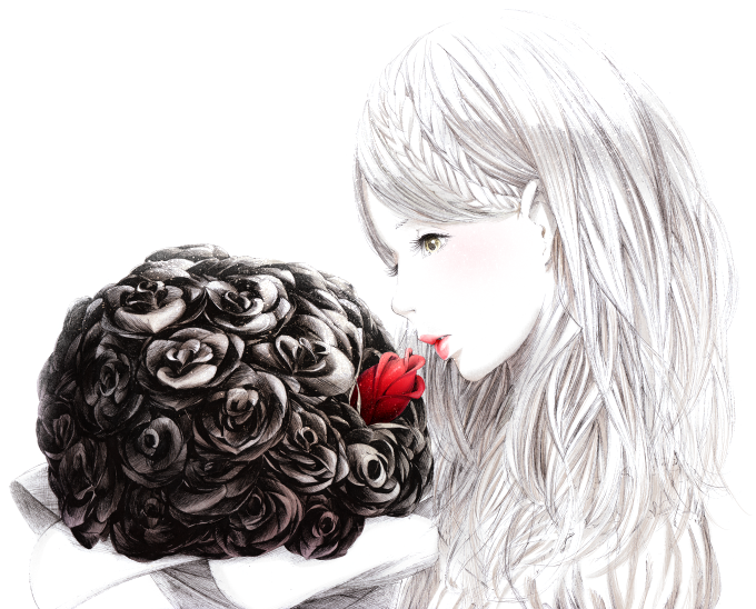 blush braid face flower imminent_kiss lips lipstick long_hair makeup monochrome original red_lipstick rose solo sousou_(sousouworks) spot_color yellow_eyes