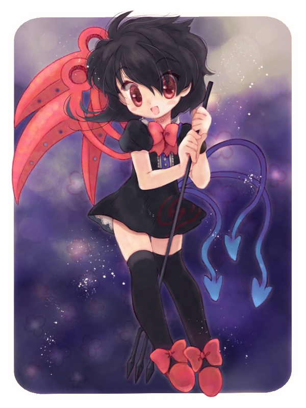 asymmetrical_wings bad_id bad_pixiv_id biyon black_dress black_hair black_legwear blush_stickers bow dress houjuu_nue open_mouth polearm red_eyes short_hair smile solo thighhighs touhou trident weapon wings zettai_ryouiki