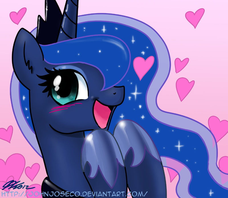&lt;3 blue_hair blush cute equine female feral friendship_is_magic giggle hair horn jiggle john_joseco looking_at_viewer mammal my_little_pony pink_background plain_background princess princess_luna_(mlp) royalty smile solo tiara unicorn