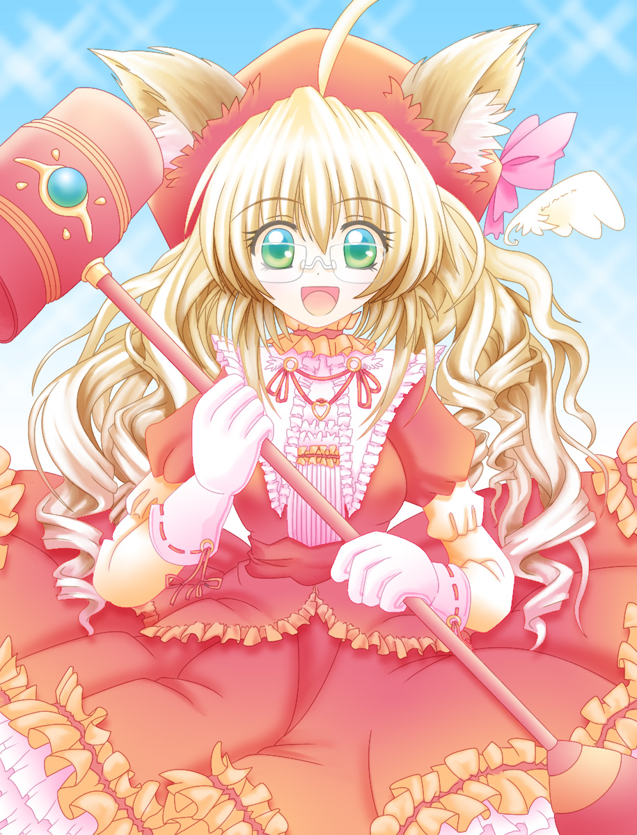 animal_ears colorized dress frills glasses gloves gradient_eyes green_gladiolus hat highres long_hair multicolored multicolored_eyes open_mouth original smile solo