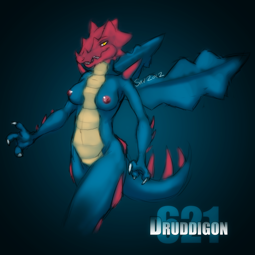 blue breasts claws cynder-the-dragon druddigon female nipples pok&eacute;mon scalie solo spikes tail wings yellow_eyes