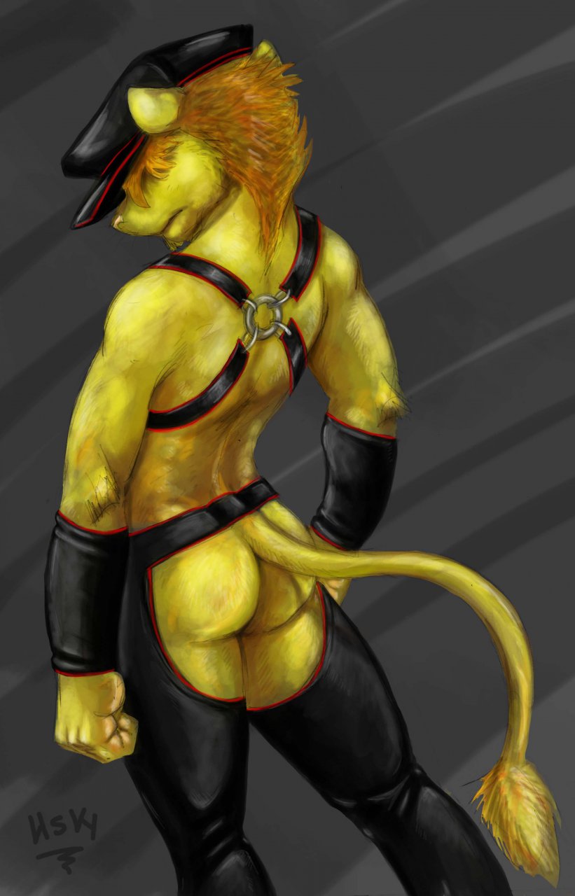back back_turned butt chaps feline fur gloves hair hat leather leo_magna leo_magna_(artist) lion male mammal muscles solo standing tail tail_tuft topless tuft yellow_fur