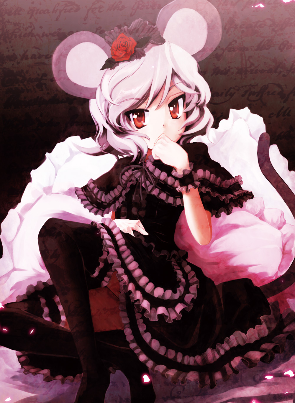 alternate_costume animal_ears black_legwear capelet dress flower frilled_dress frills gothic_lolita grey_hair hair_ornament highres ikamagu lolita_fashion looking_at_viewer mouse_ears mouse_tail nazrin red_eyes red_flower red_rose rose short_hair sitting solo tail thighhighs touhou tsurime wrist_cuffs