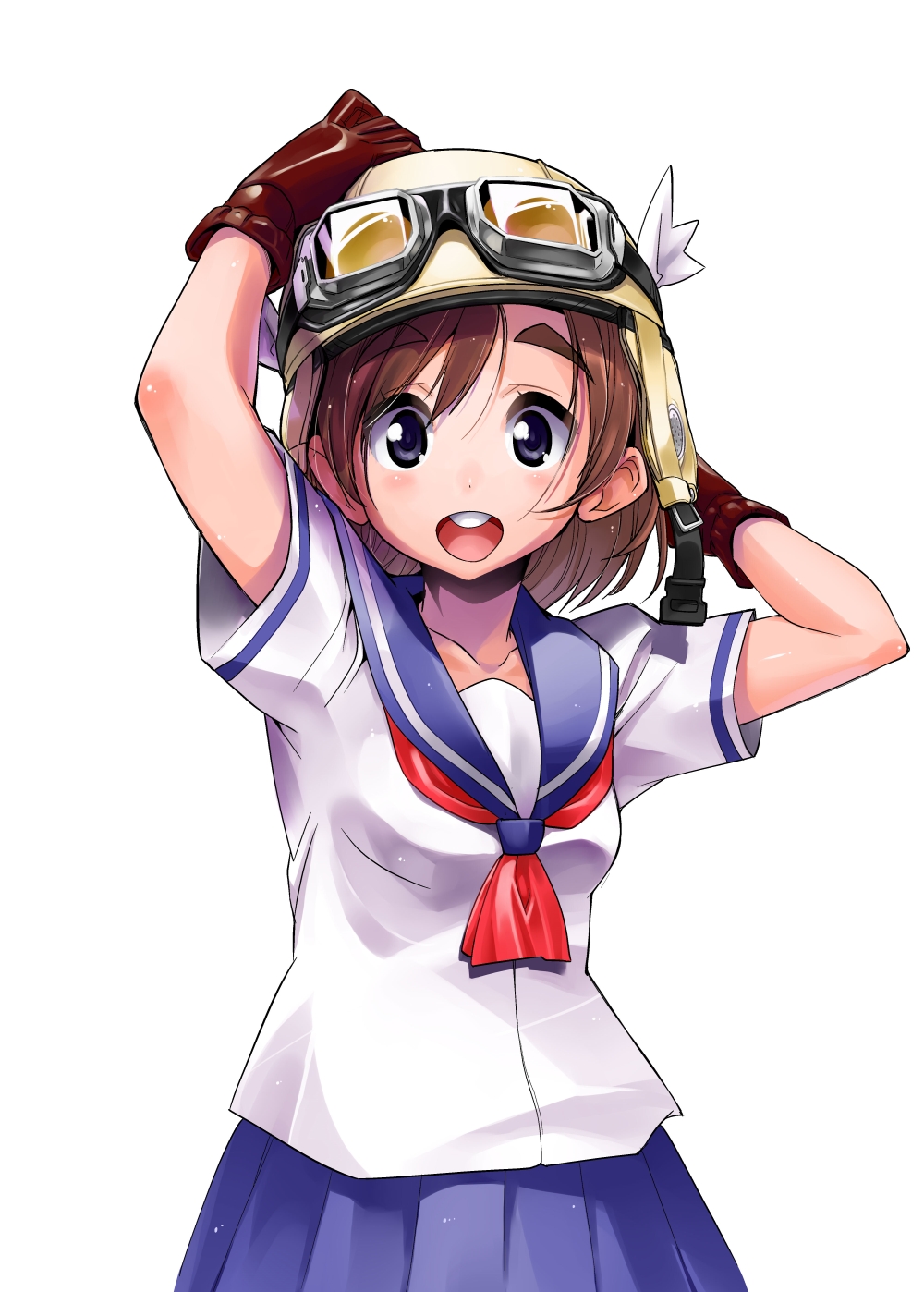 :d arms_up bakuon!! brown_gloves brown_hair eyebrows gloves goggles goggles_on_head helmet highres light_particles motorcycle_helmet open_mouth orimoto_mimana sakura_hane school_uniform serafuku simple_background smile solo thick_eyebrows white_background winged_helmet