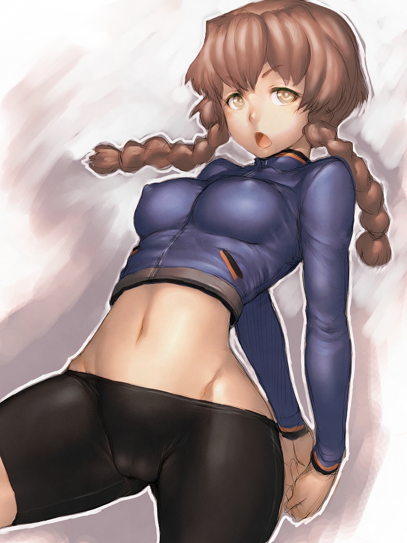 amane_suzuha arms_behind_back bike_shorts braid breasts brown_eyes brown_hair cameltoe cowboy_shot fumio_(rsqkr) groin impossible_clothes impossible_shirt long_hair midriff navel no_panties open_mouth shirt solo steins;gate stretch twin_braids