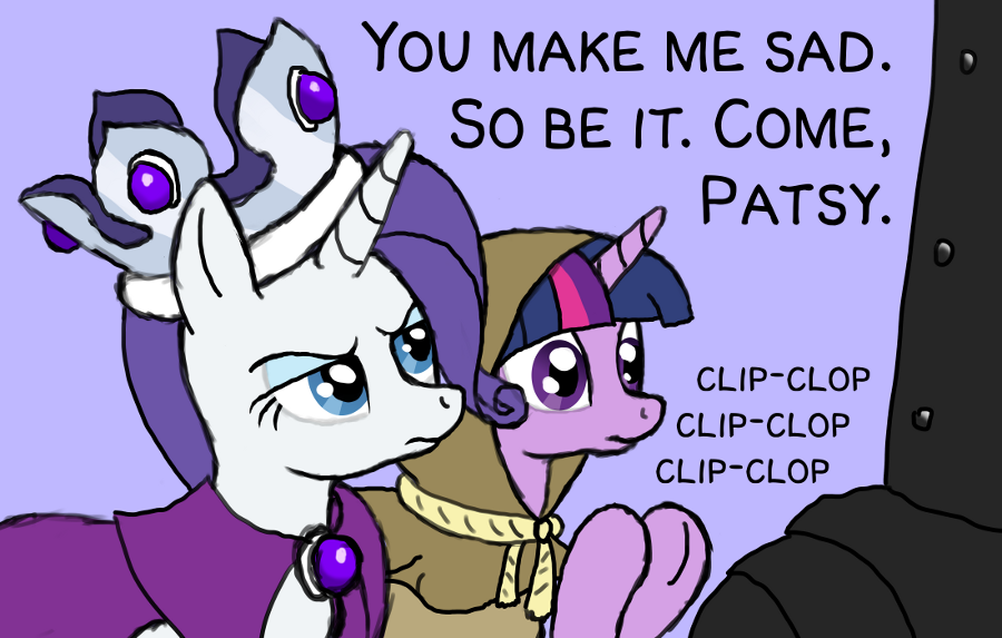 arrkhal black_knight blue_eyes crown english_text equine female feral friendship_is_magic hair hood horn horse mammal monty_python monty_python_and_the_holy_grail my_little_pony plain_background pony purple_eyes purple_hair rarity_(mlp) text twilight_sparkle_(mlp) unicorn