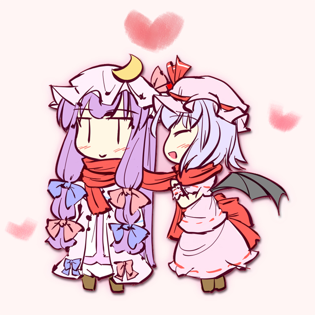 bat_wings blue_hair bow chibi crescent dress hair_bow hat long_hair multiple_girls natsuki_(silent_selena) open_mouth patchouli_knowledge purple_hair red_scarf remilia_scarlet scarf shared_scarf short_hair smile touhou wings |_|