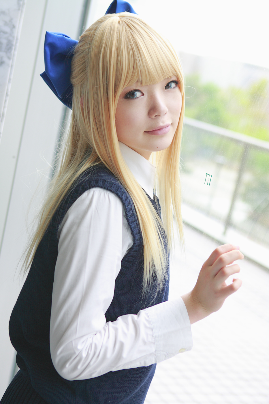 blonde_hair bow cosplay hair_bow hairbow highres namada photo school_uniform serafuku sweater