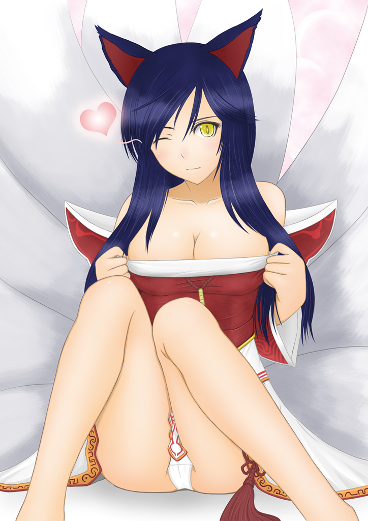 1girl ahri animal_ears artist_request bare_legs bare_shoulders blue_hair breasts cat_ears cleavage collarbone detached_sleeves fox fox_ears fox_tail heart large_breasts league_of_legends looking_at_viewer multiple_tails panties sitting solo tail tonnelee underwear white_panties wink yellow_eyes