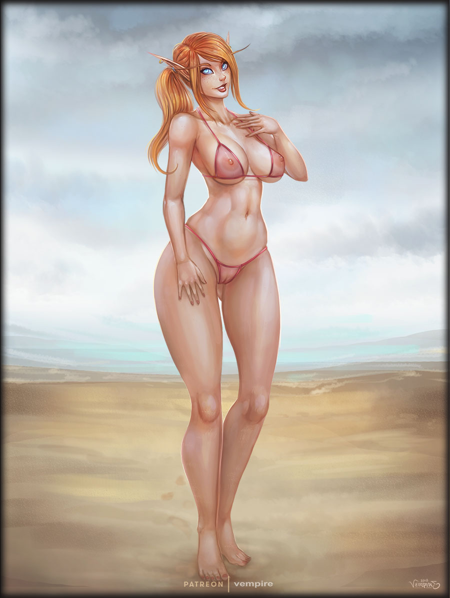 abs bikini blood_elf breasts clothing elf female humanoid mammal nipples not_furry pointy_ears ponytail pussy solo swimsuit translucent transparent_clothing vempire video_games warcraft