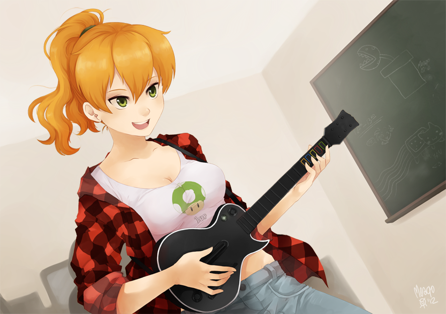 1up breasts chalkboard cleavage denim dutch_angle echiko green_eyes guitar_hero jeans long_hair mario_(series) meago medium_breasts mushroom nyan_cat open_mouth orange_eyes original pants piranha_plant plaid ponytail signature sleeves_rolled_up solo super_mario_bros. tank_top