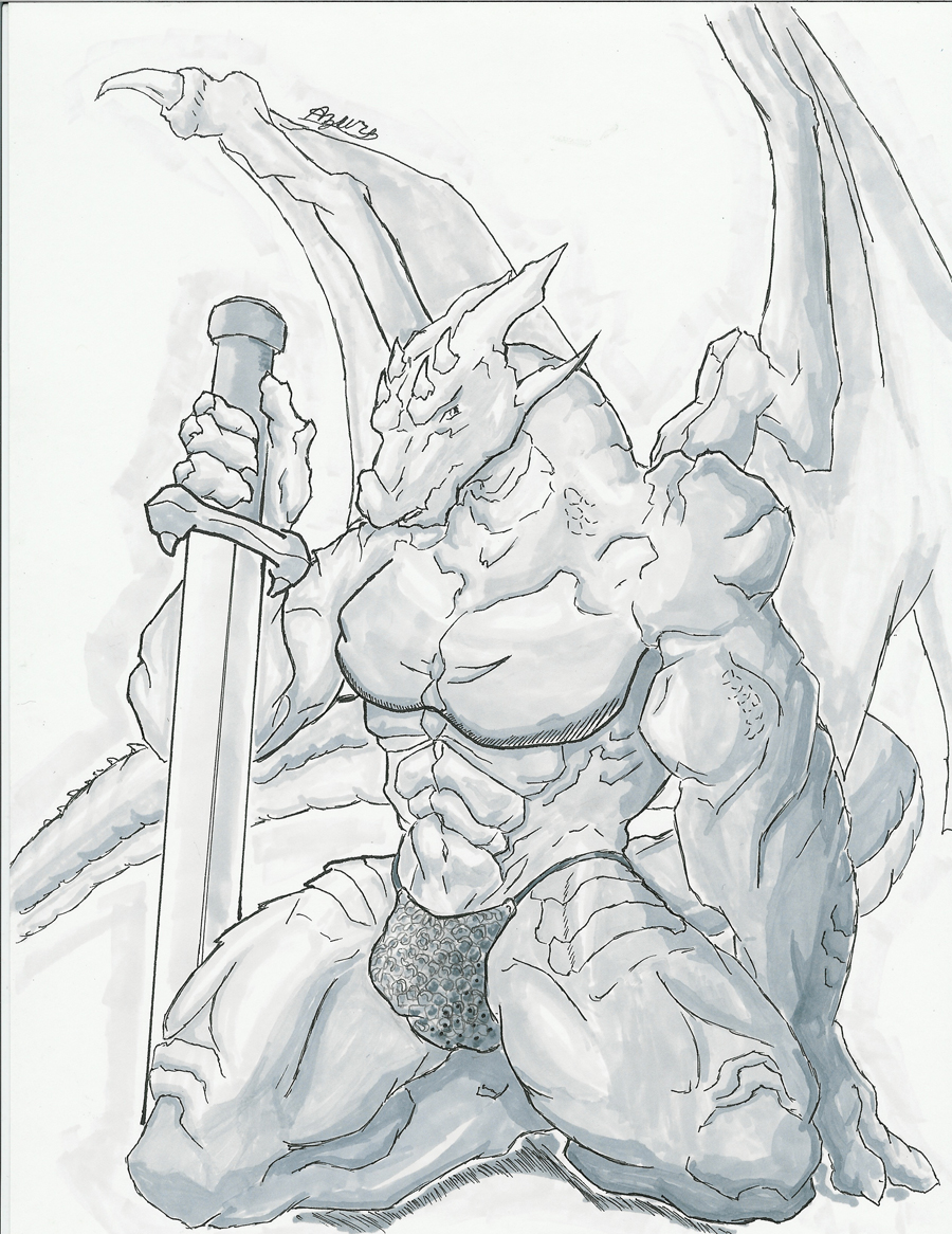 clothed clothing cyran dragon half-dressed kneeling looking_at_viewer male muscles plain_background revonar scalie solo sword thong topless underwear weapon white_background wings