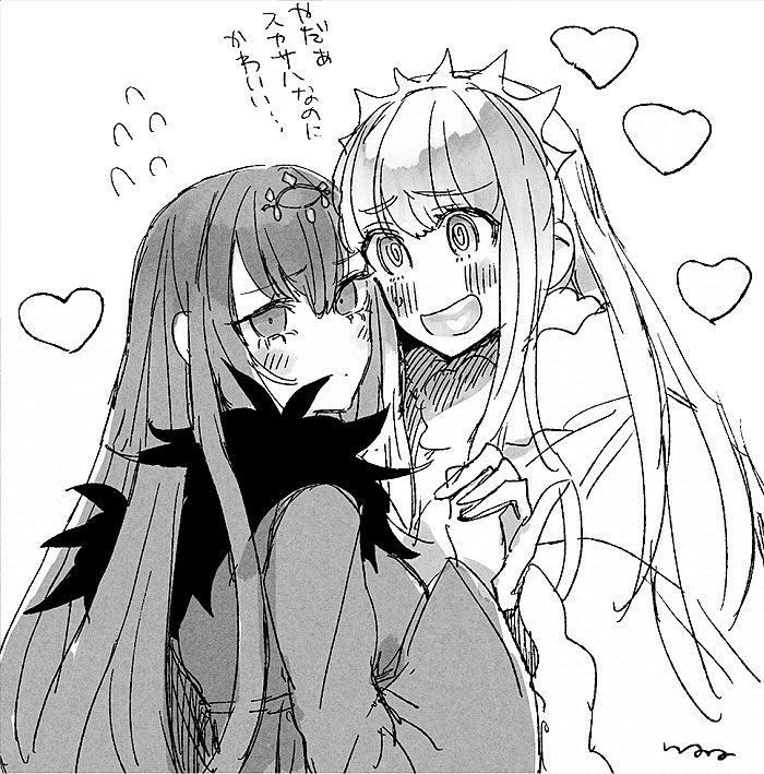 2girls @_@ bangs commentary eyebrows_visible_through_hair fate/grand_order fate_(series) flying_sweatdrops fur_trim greyscale hair_between_eyes hair_ornament hand_holding heart heart_in_mouth ichikawa_natsuo interlocked_fingers long_hair long_sleeves looking_at_another medb_(fate)_(all) medb_(fate/grand_order) monochrome multiple_girls no_nose open_mouth scathach_(fate)_(all) scathach_skadi_(fate/grand_order) sketch tiara translation_request upper_body white_background wide_sleeves yuri