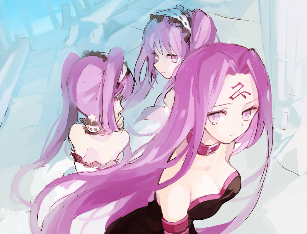 breasts cleavage collar dress euryale facial_mark fate/hollow_ataraxia fate/stay_night fate_(series) long_hair multiple_girls purple_eyes purple_hair rider siblings sisters small_breasts soto stheno strapless strapless_dress twins twintails very_long_hair