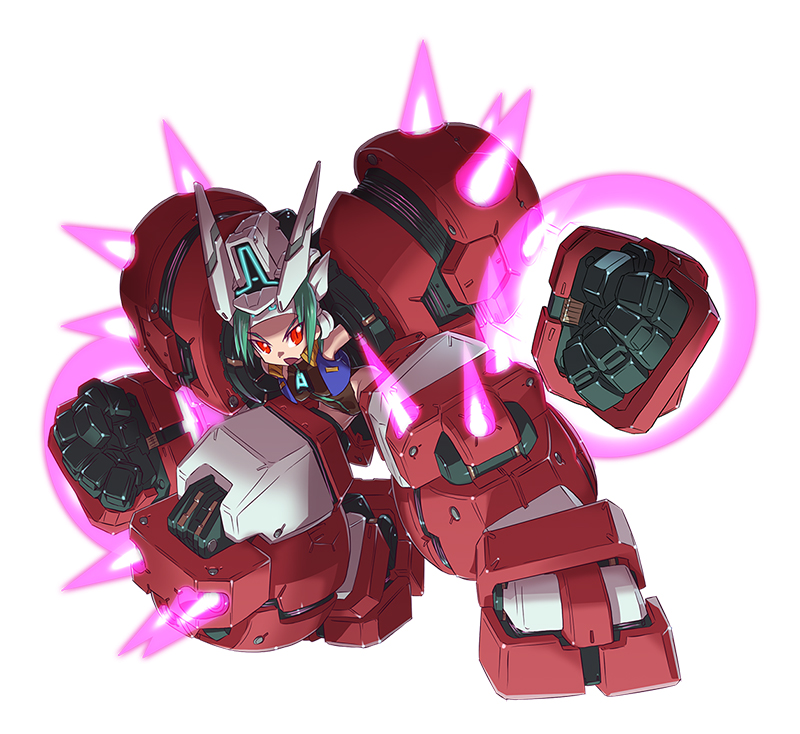 armor bare_shoulders bodysuit clenched_hands energy fighting_stance glowing green_hair gundam gundam_age gundam_age-1 gundam_age-1_titus headband helmet king_of_unlucky looking_at_viewer mecha_musume mechanical_arms mechanical_legs personification power_armor red_eyes simple_background solo vest white_background