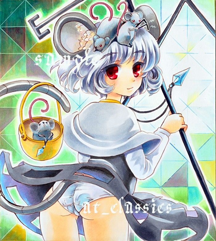 animal_ears ass at_classics capelet dowsing_rod jewelry looking_back marker_(medium) mouse mouse_ears mouse_tail nazrin panties pendant red_eyes sample short_hair silver_hair solo tail touhou traditional_media underwear white_panties