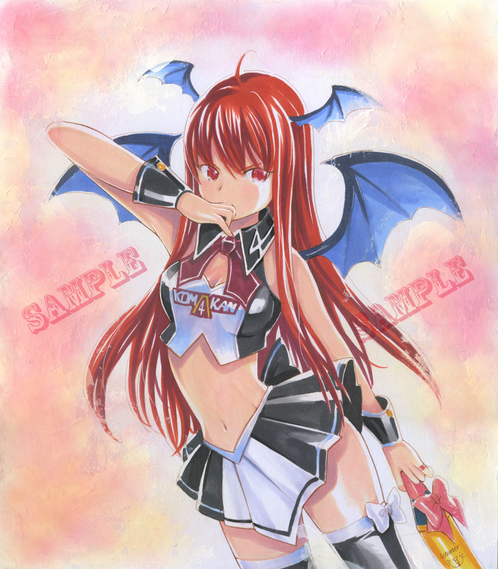 ahoge arm_up bare_shoulders bat_wings black_legwear bottle bow breasts cleavage cleavage_cutout collar covering_mouth head_wings koakuma long_hair marker_(medium) mayo_riyo midriff navel race_queen red_eyes red_hair sample small_breasts solo thighhighs touhou traditional_media trophy very_long_hair wings wrist_cuffs zettai_ryouiki