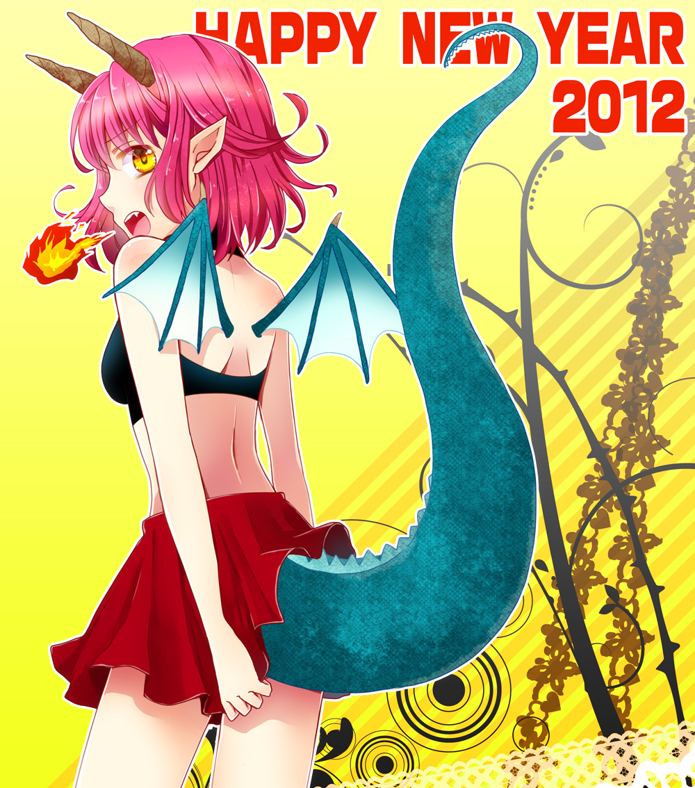 2012 breathing_fire dragon_girl dragon_horns dragon_tail dragon_wings english fire flame from_behind happy_new_year horns making_of mochizuki_mina monster_girl new_year open_mouth original pink_hair pointy_ears short_hair skirt solo tail wings yellow_background yellow_eyes