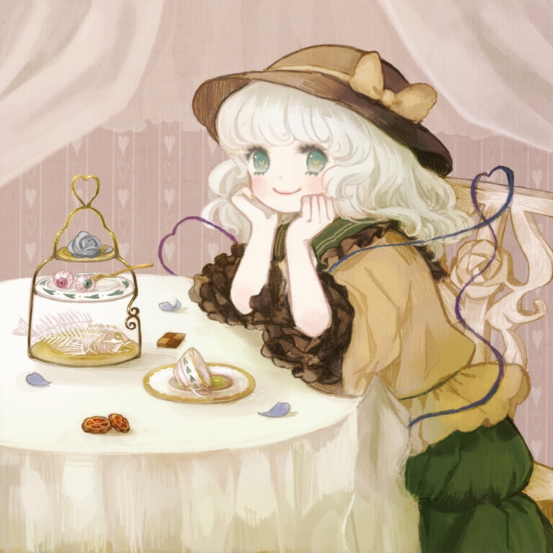 blue_flower blue_rose blush candy chair cookie cup curtains eyes fish flower food green_eyes green_hair hat heart komeiji_koishi petals rose short_hair silver_hair sitting skeleton skirt smile solo table teacup tiered_tray touhou yujup