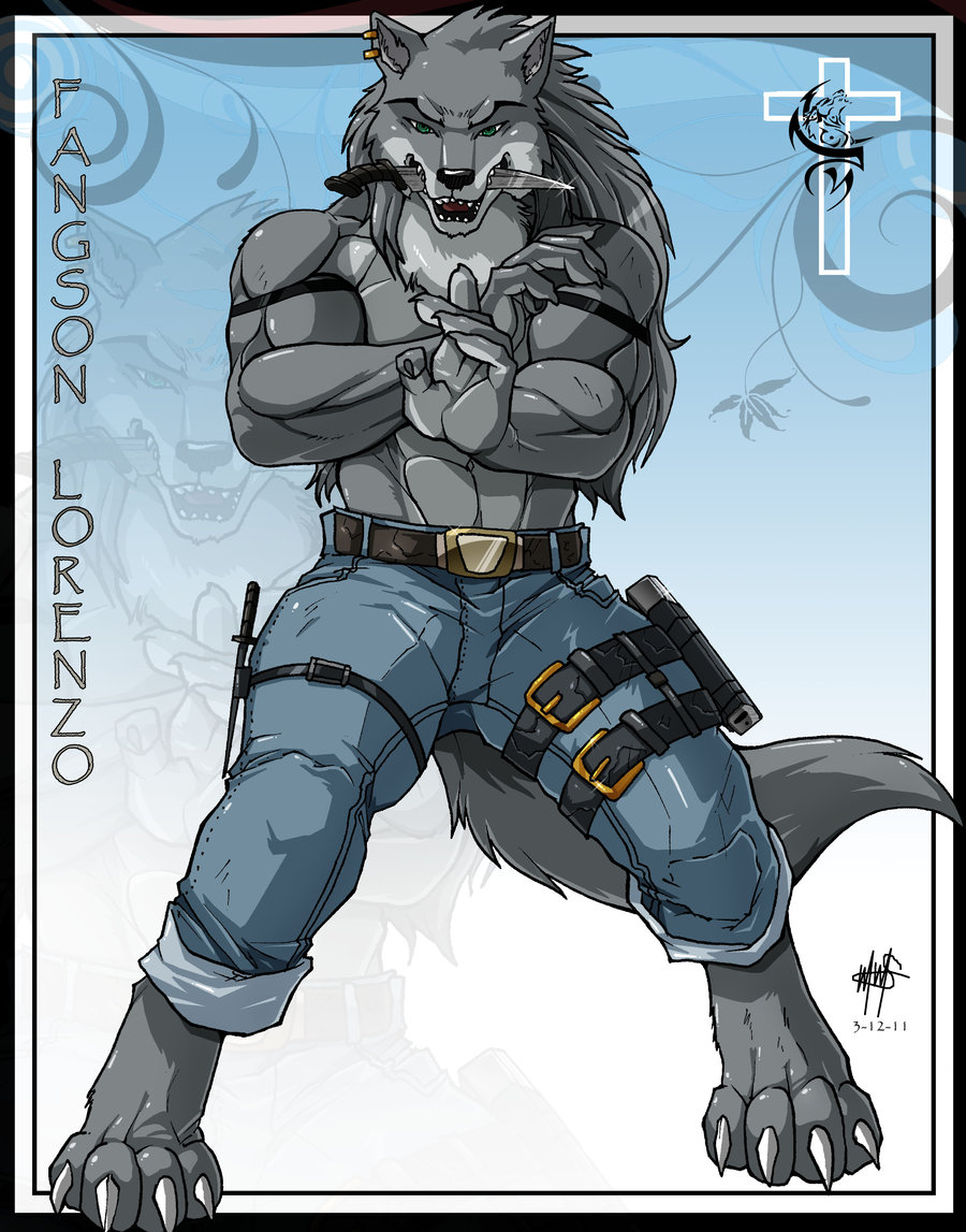 &dagger; abs anthro belt biceps canine claws clothing cross dagger ear_piercing fangs front green_eyes grey_body grey_hair hair harness jeans knife male mammal muscles pants pecs piercing pose solo standing strap toe_claws topless walter_sache weapon wolf wsache007