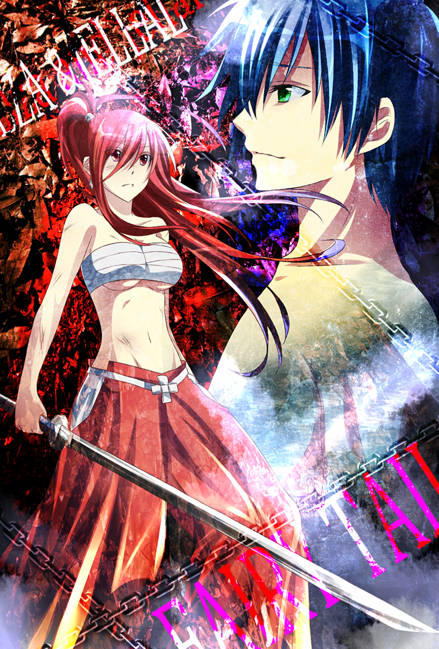 1girl bad_id bad_pixiv_id blue_hair character_name copyright_name cuts earrings erza_scarlet fairy_tail green_eyes hakama highres injury japanese_clothes jellal_fernandes jewelry kurose_nao long_hair ponytail red_eyes red_hair red_hakama sarashi scratches sword weapon