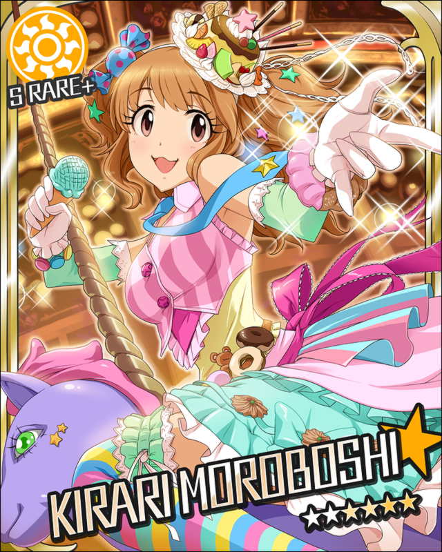 :3 artist_request card_(medium) character_name dress food food_themed_clothes hair_ornament hat idolmaster idolmaster_cinderella_girls jpeg_artifacts long_hair moroboshi_kirari multicolored multicolored_clothes multicolored_legwear multicolored_stripes official_art pony ribbon solo star star_hair_ornament striped striped_legwear sun_(symbol) sweets themed_object thighhighs