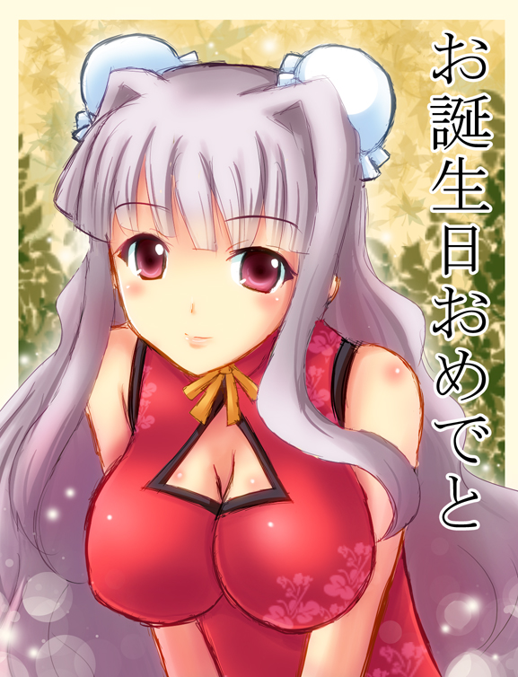 bare_shoulders bent_over breast_squeeze breasts bun_cover china_dress chinese_clothes cleavage cleavage_cutout double_bun dress idolmaster idolmaster_(classic) large_breasts long_hair red_eyes ryusei2u shijou_takane silver_hair solo