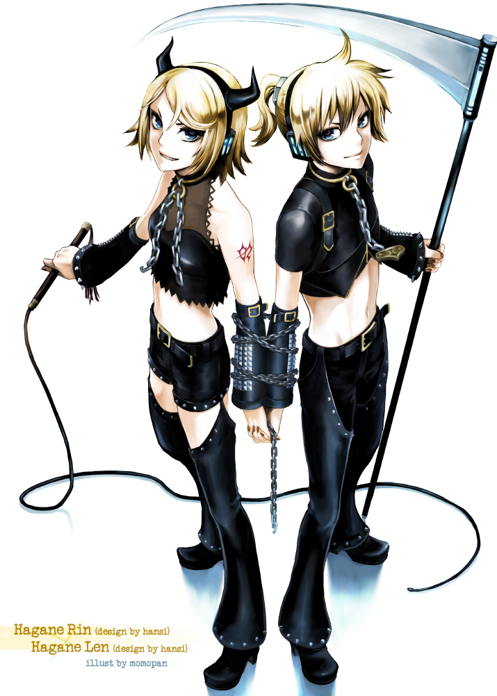 1girl arm_warmers bdsm blonde_hair blue_eyes bondage bound bound_together brother_and_sister chain collar from_above hagane_len hagane_rin hagane_vocaloid horns kagamine_len kagamine_rin leather looking_at_viewer midriff momopanda navel scythe short_hair siblings smile vocaloid whip