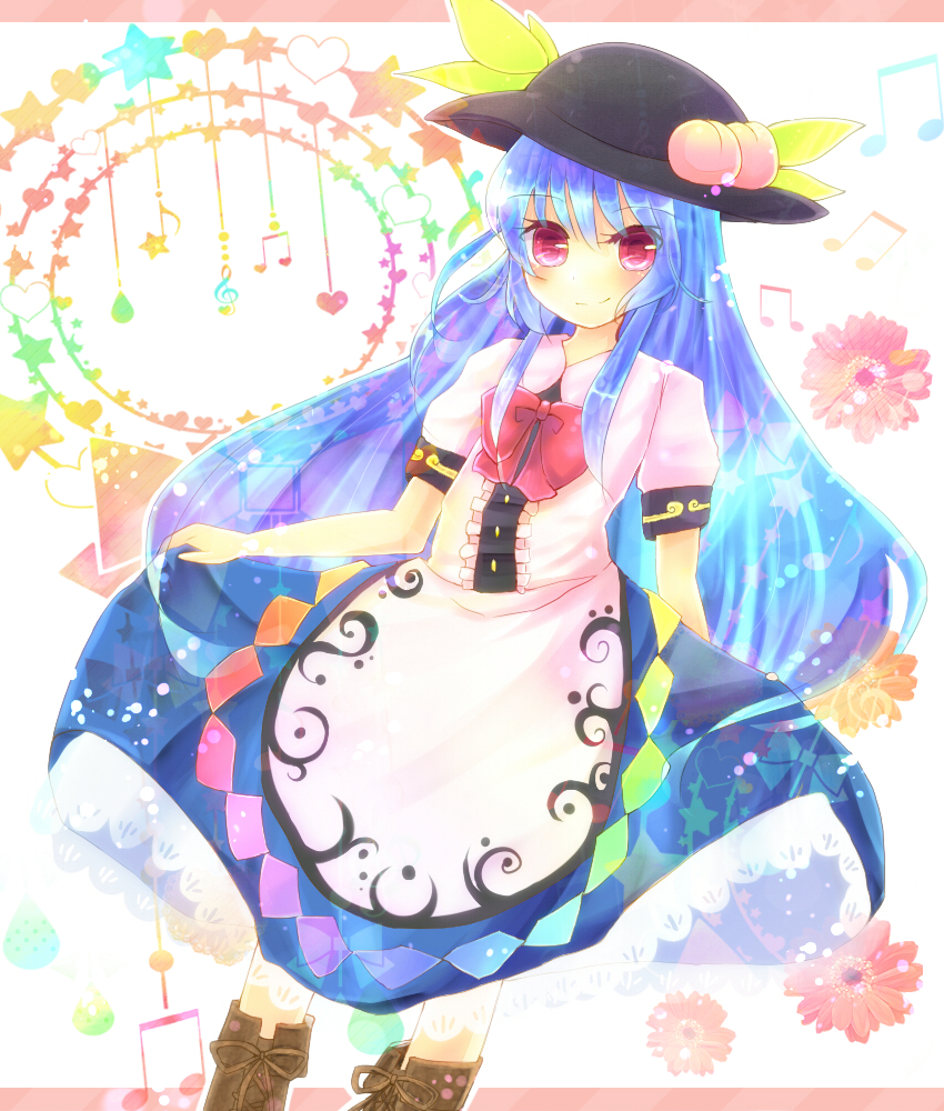 beamed_eighth_notes blue_hair bow bowtie cross-laced_footwear flower food fruit hat heart hinanawi_tenshi long_hair musical_note peach red_eyes rito_(rito07) skirt_hold solo star touhou treble_clef