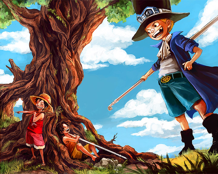 bad_id bad_pixiv_id belt black_eyes blonde_hair cape closed_eyes cravat freckles hat laughing monkey_d_luffy multiple_boys one_piece portgas_d_ace sabo_(one_piece) scar shirt short_hair shorts sleeveless sleeveless_shirt smile staff straw_hat top_hat tree tsuyomaru wide-eyed younger