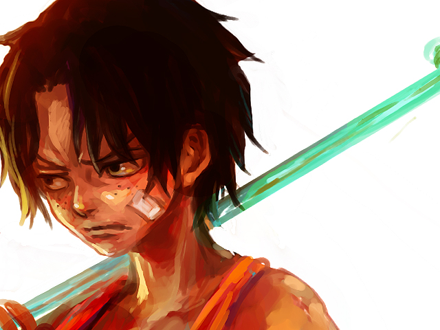 angry bad_id bad_pixiv_id bandages black_hair freckles male_focus messy_hair one_piece portgas_d_ace serious shirt sleeveless sleeveless_shirt solo tsuyomaru younger