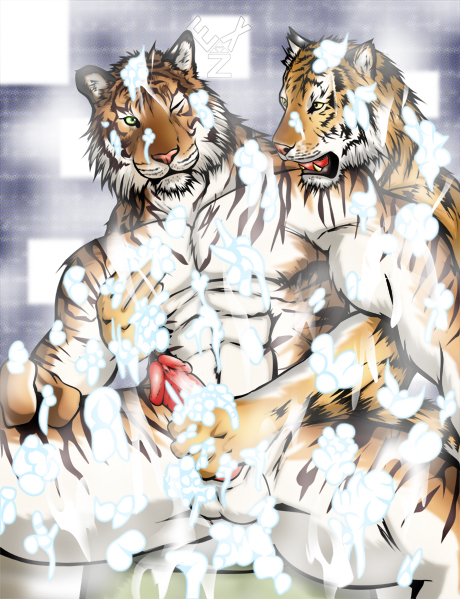bath exz feline gay handjob lather male mammal muscles nude one_eye_closed penis sitting tiger water