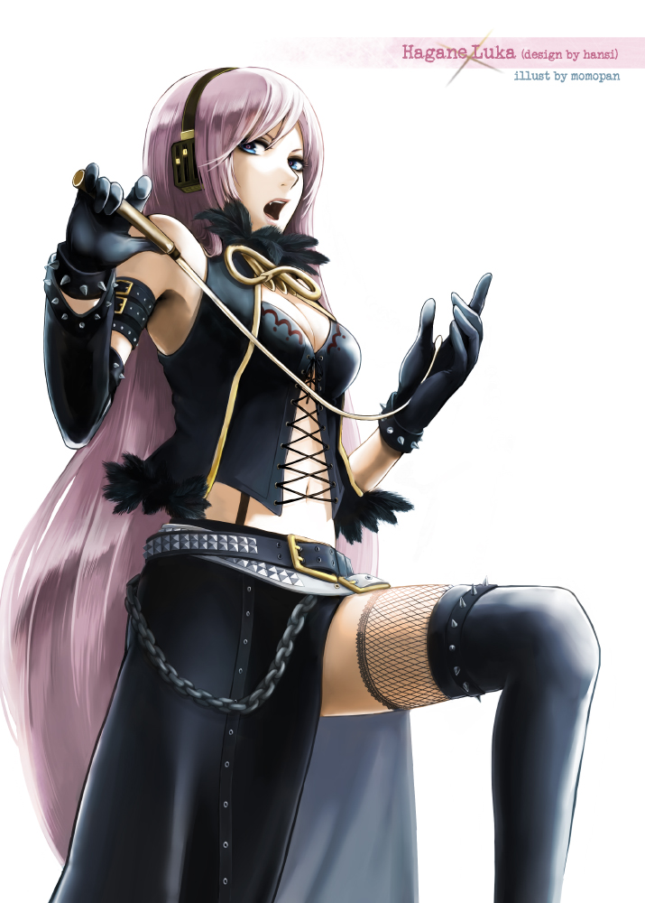 belt blue_eyes boots bracelet chain fangs fishnets gloves hagane_luka hagane_vocaloid jewelry long_hair looking_at_viewer megurine_luka momopanda open_mouth pink_hair simple_background skirt solo spiked_bracelet spikes studded_belt thigh_boots thighhighs very_long_hair vocaloid whip