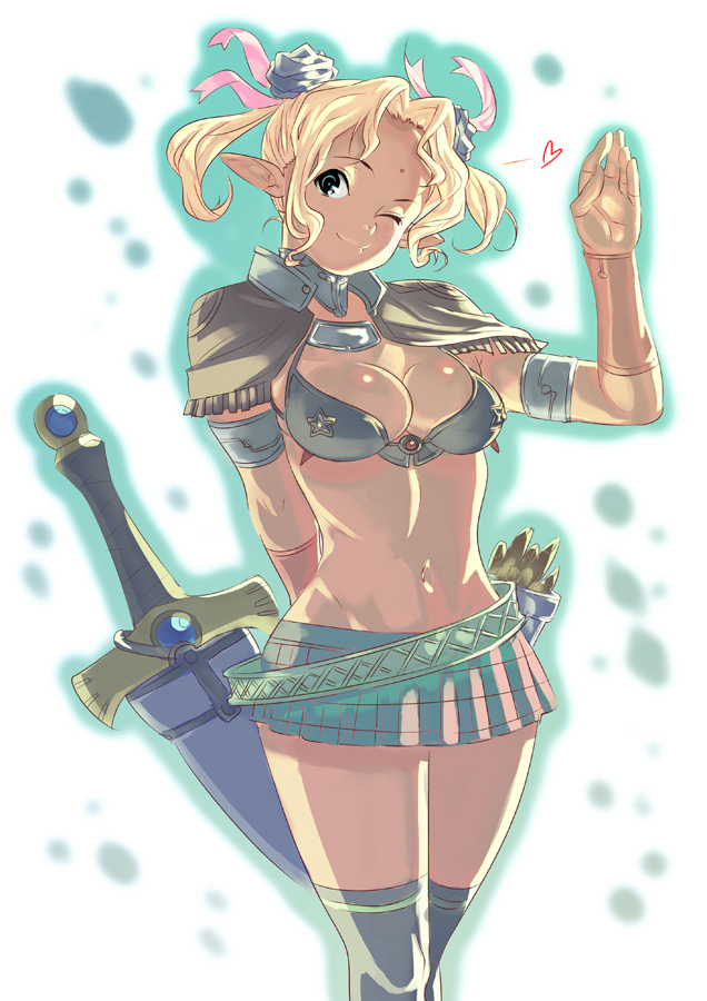armlet arrow baba_arumi blonde_hair bracer elf facial_mark fringe_trim one_eye_closed original pointy_ears quiver skirt smile solo sword thighhighs twintails weapon