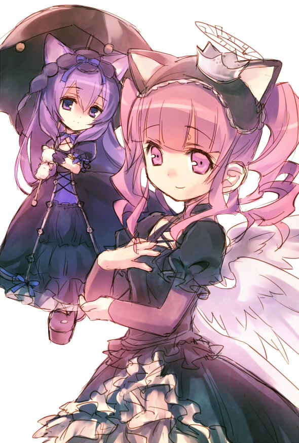 animal_ears cat_ears character_request dress emil_chronicle_online gothic gothic_lolita head_tilt lolita_fashion long_hair multiple_girls purple_eyes purple_hair smile twintails umbrella wanko_(takohati8) wings