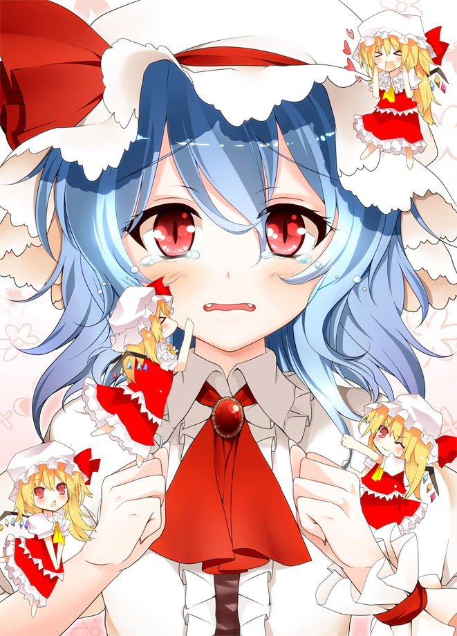 ascot blonde_hair blue_hair blush bow braid collaboration dress embarrassed fang flandre_scarlet four_of_a_kind_(touhou) hat heart matsushita_yuu minigirl multiple_girls open_mouth red_eyes remilia_scarlet ribbon short_hair siblings side_ponytail sisters skirt slit_pupils smile suzume_miku tears touhou wings